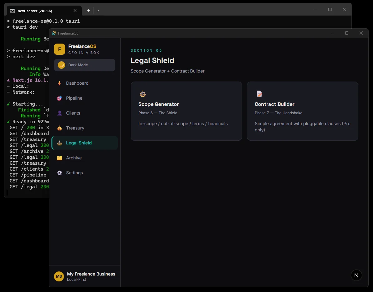 Freelancer command center dashboard with pipeline and invoicing